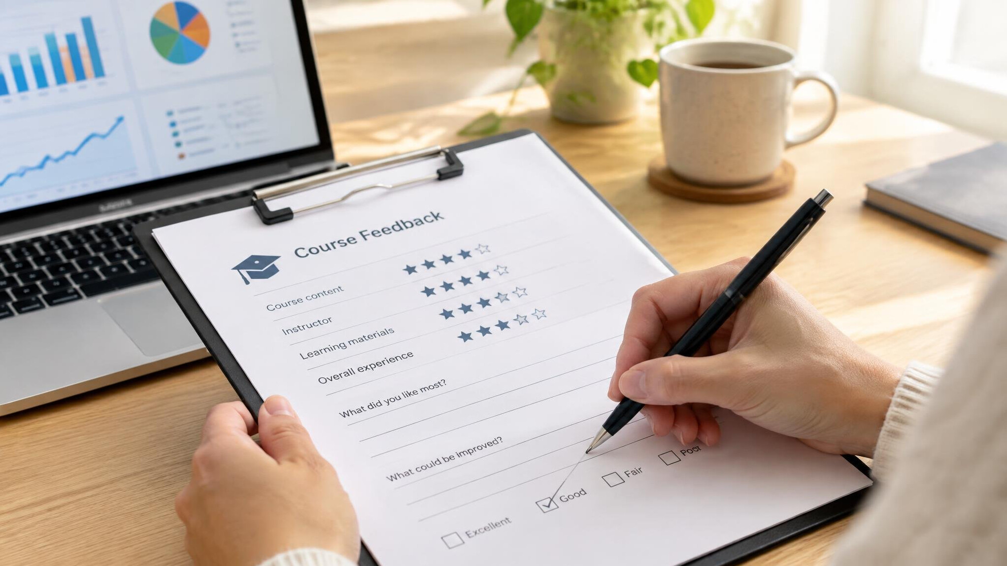 Close-up of hands filling out a feedback form with a pen on a clipboard